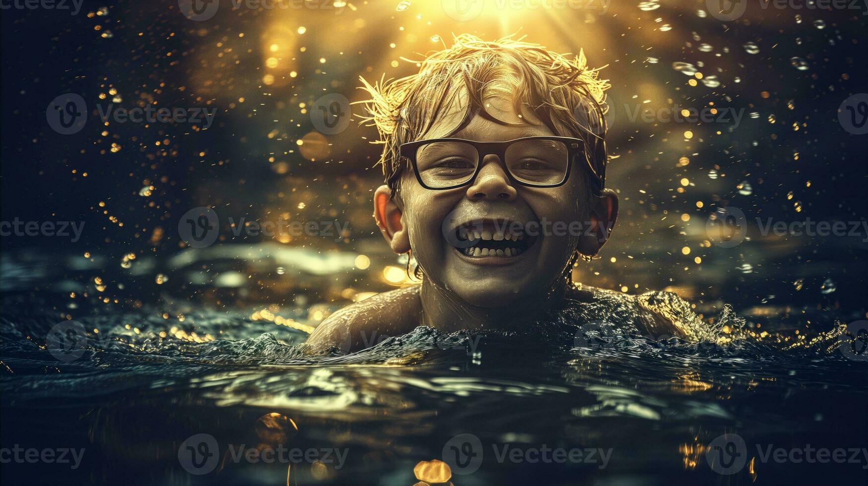 AI generated A young boy with glasses joyfully swimming in the water, enjoying a refreshing and playful moment. Generative AI photo
