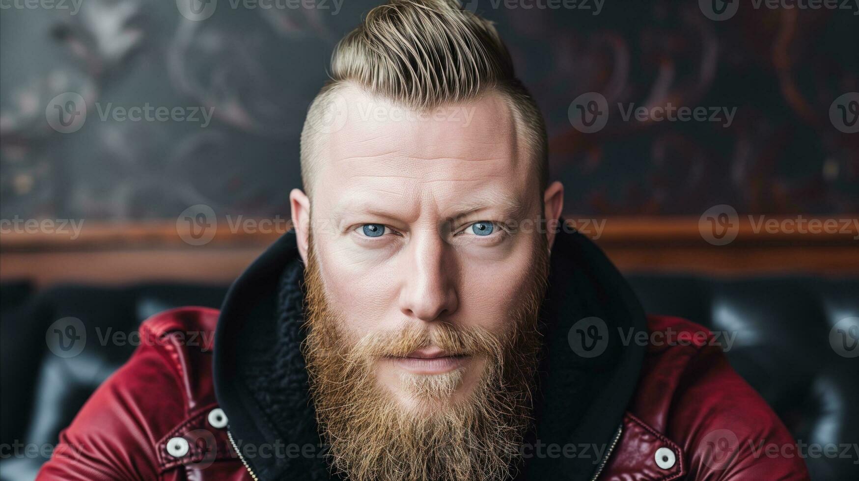 AI generated A bearded man wearing a red jacket. Generative AI photo