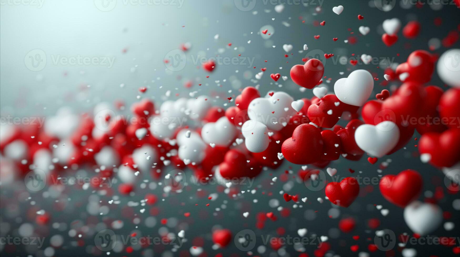 AI generated Red and white hearts flowing through the air over a grey surface. photo