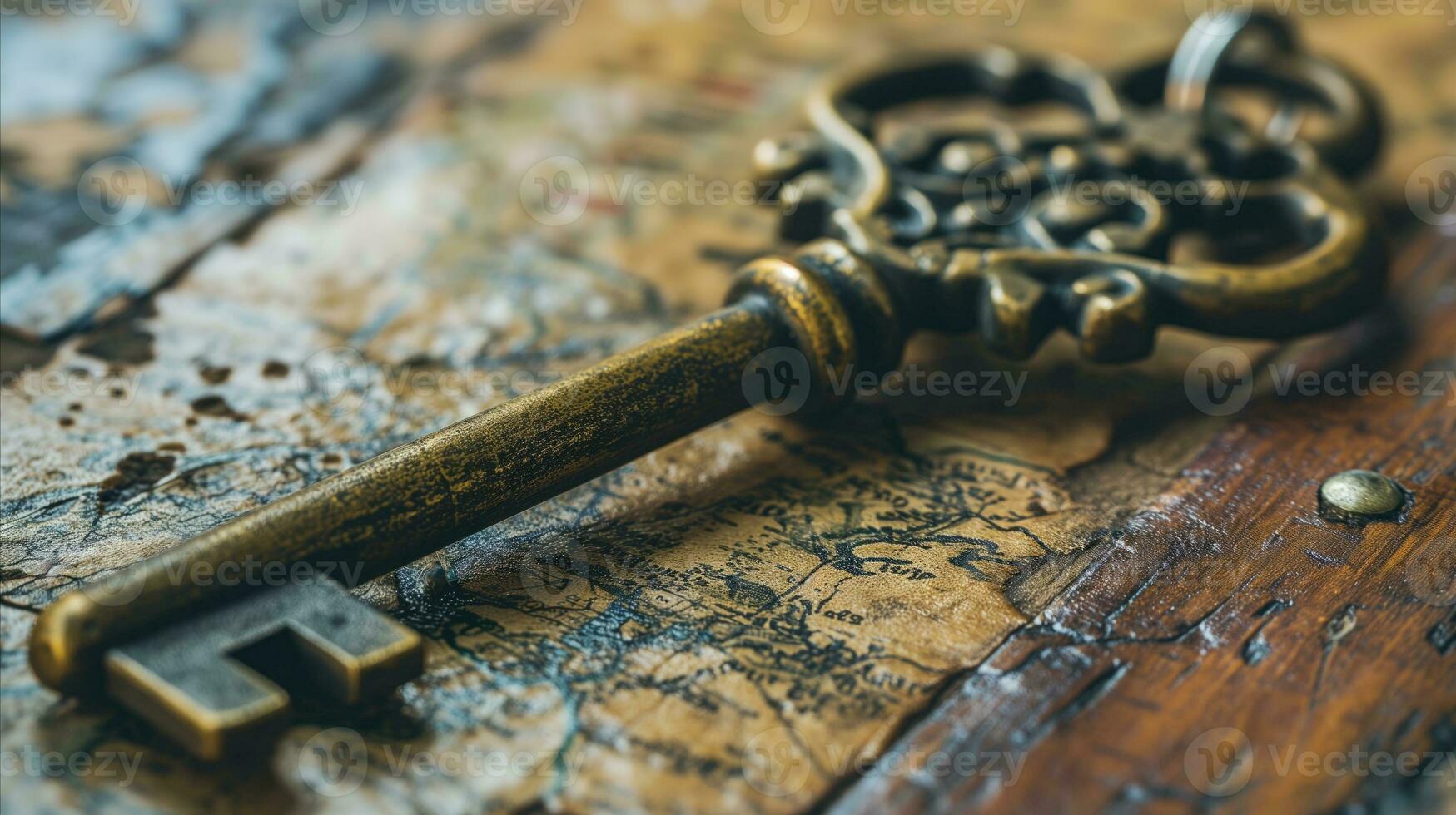 AI generated Antique key on top of old map. photo