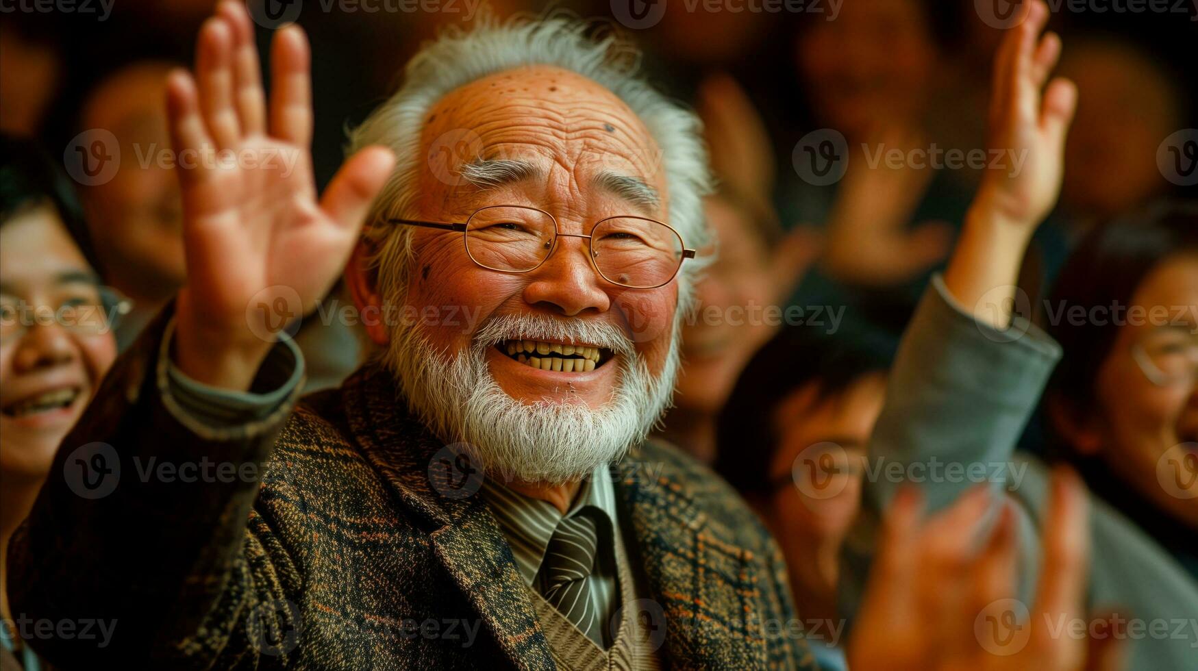 AI generated Elderly man waving with joy in a crowd at an event photo