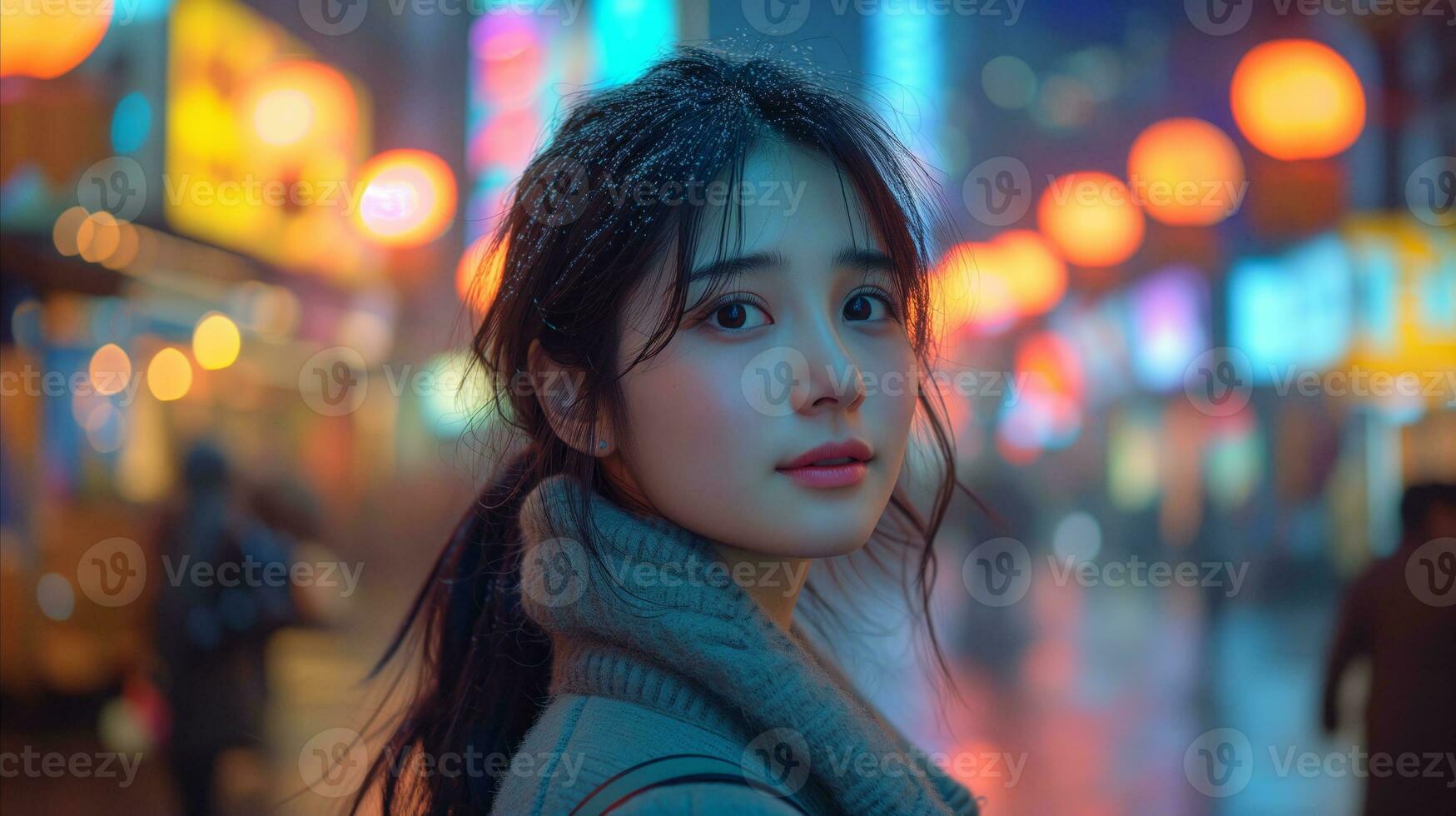 AI generated Young woman in urban night setting with bokeh lights photo