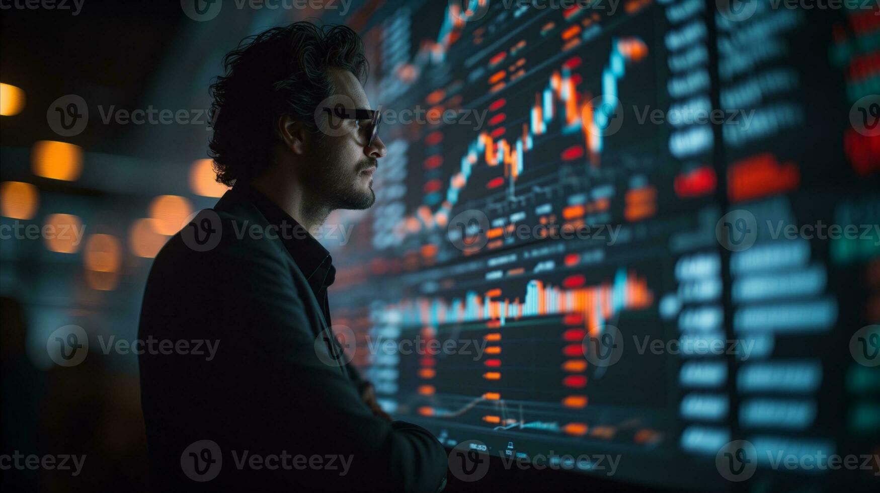 AI generated Professional trader monitors stock market data intently on digital screens photo