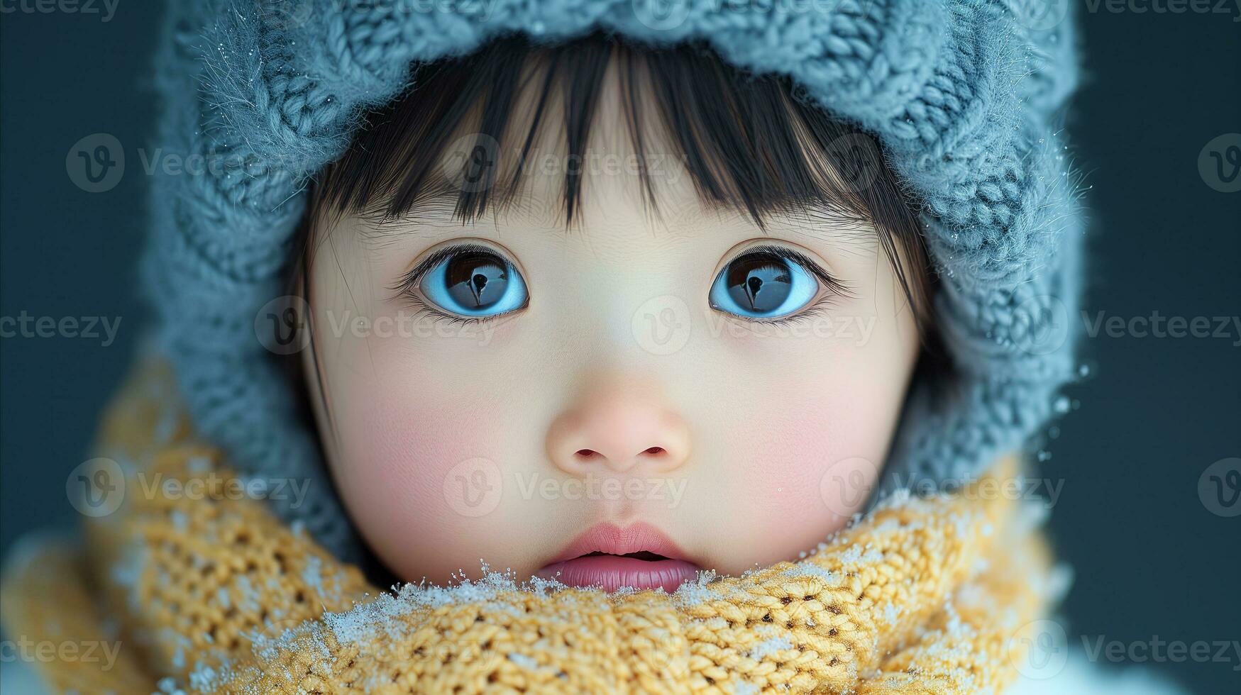 AI generated Close-up of cute child in winter clothing with snowflakes photo