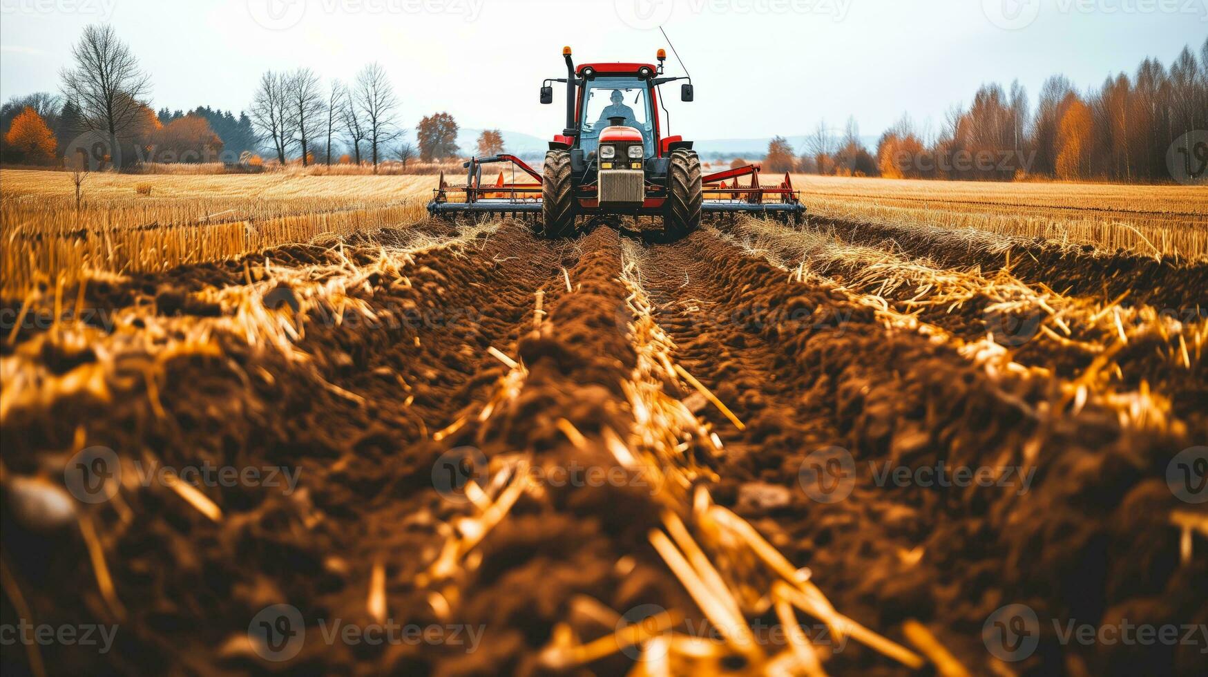 AI generated A farmer is plowing his field with a tractor. Generative AI photo