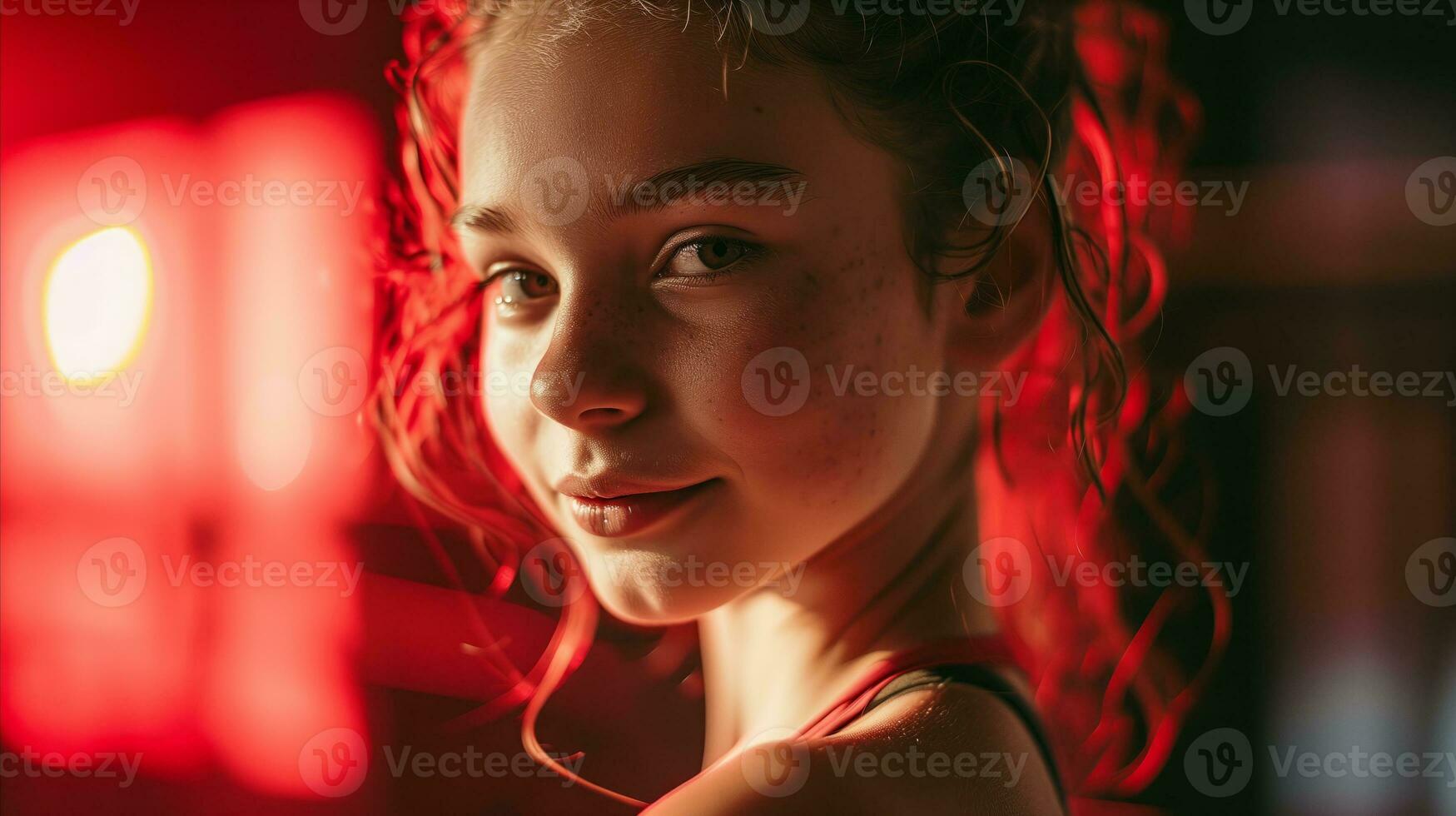 AI generated A young blonde girl poses in front of a red light. Generative AI photo