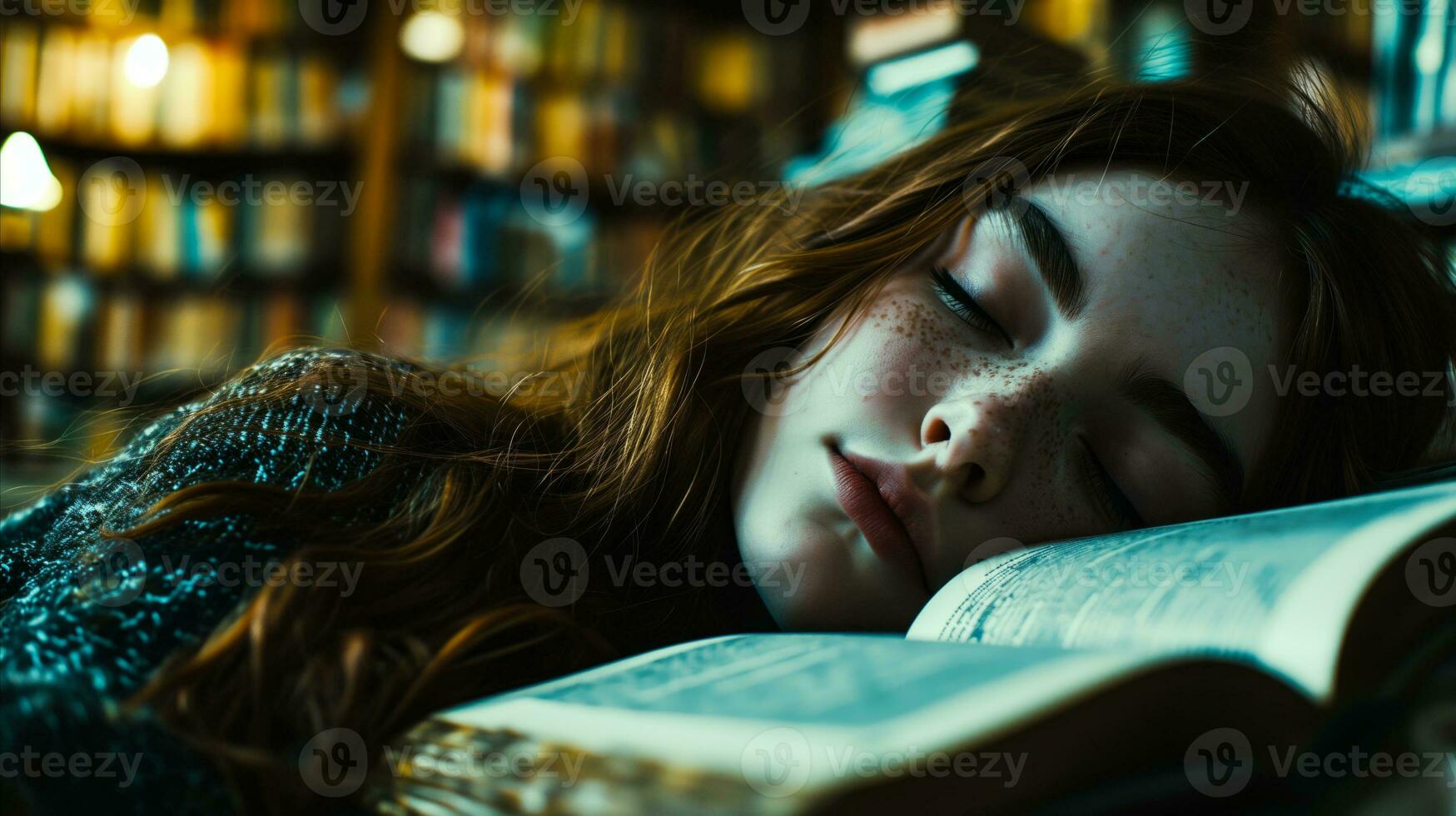 AI generated Young woman asleep on a book in a cozy library setting photo
