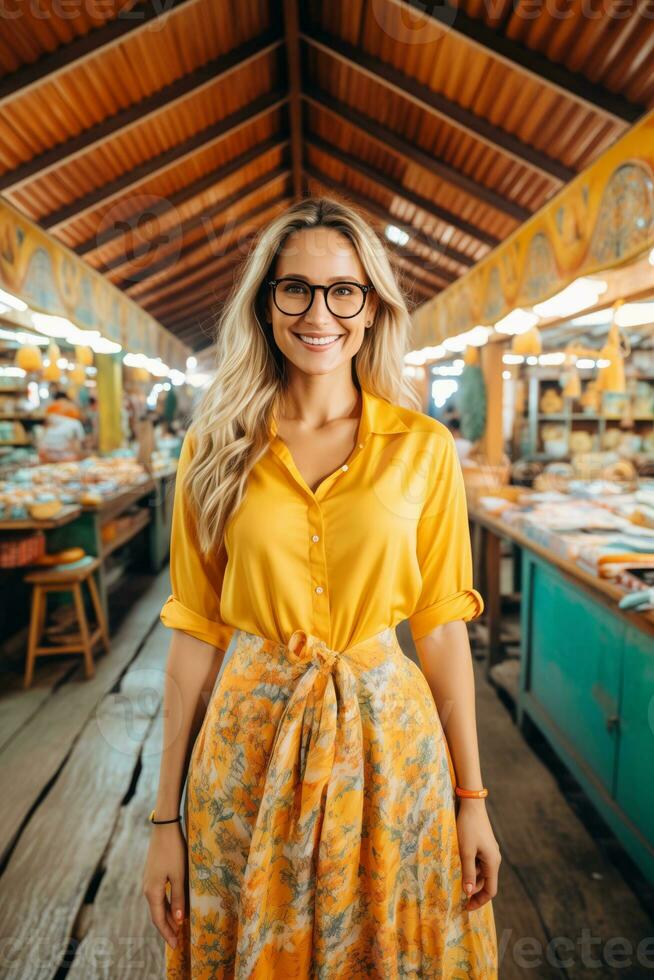 AI generated A woman in a yellow shirt and skirt standing in a vibrant market, surrounded by colorful stalls and bustling activity. Generative AI photo