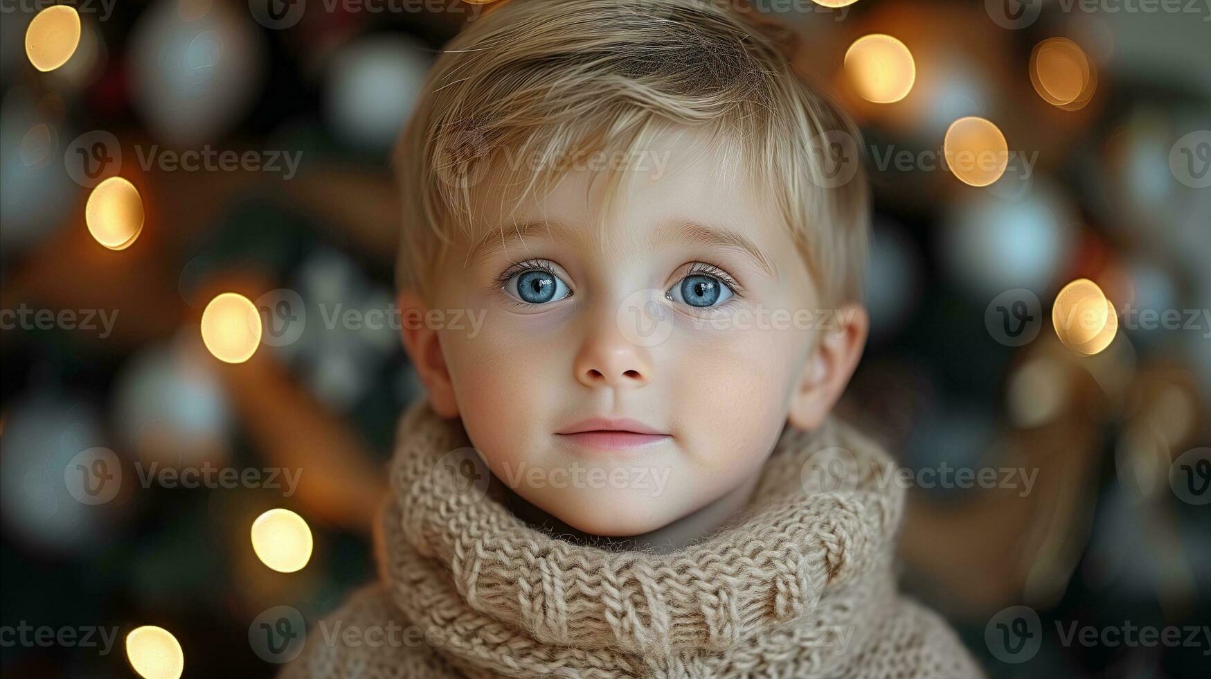 AI generated Adorable child in knitwear with christmas lights in background photo