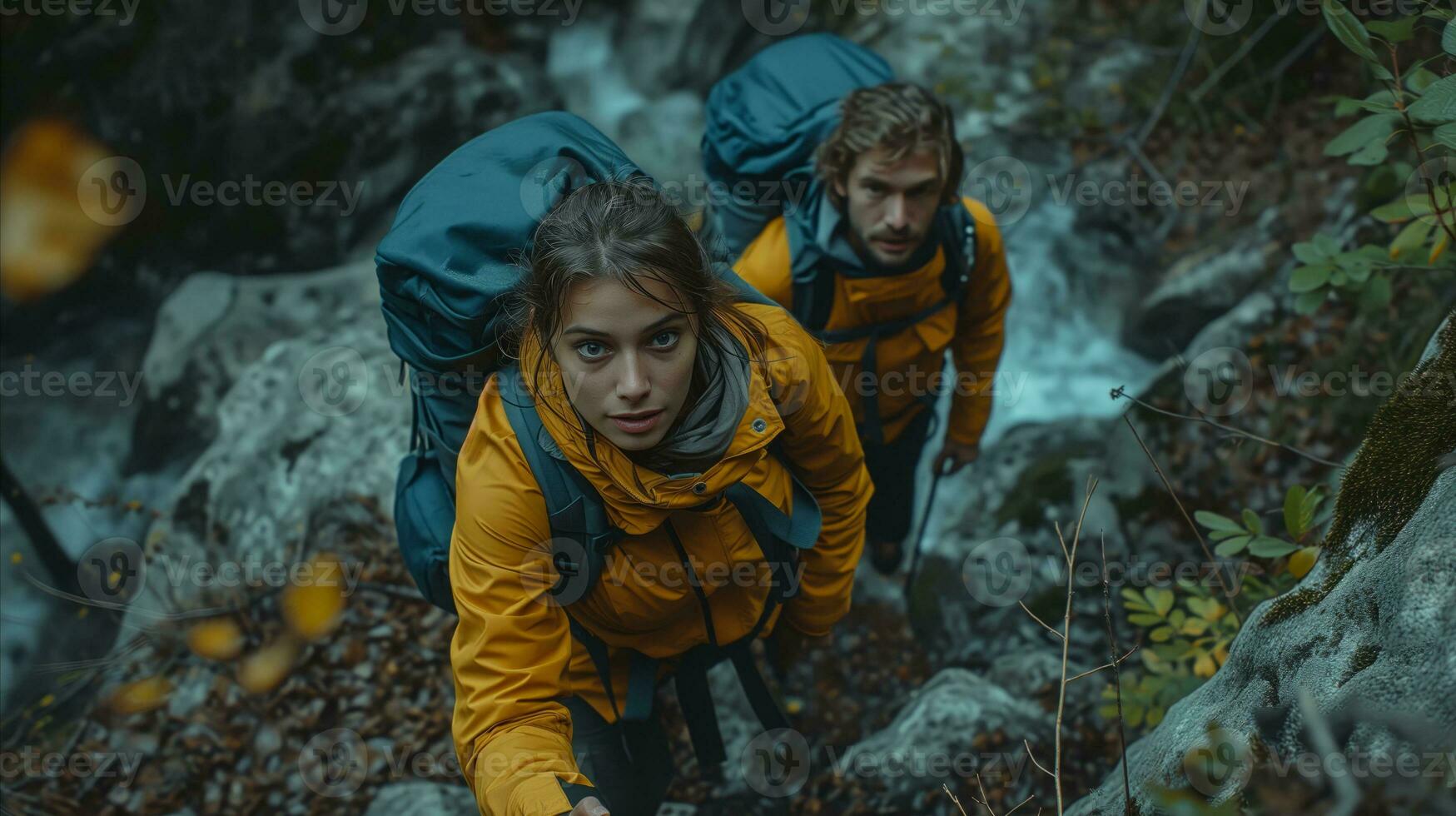 AI generated Adventurous couple hiking in a forest with backpacks in autumn photo