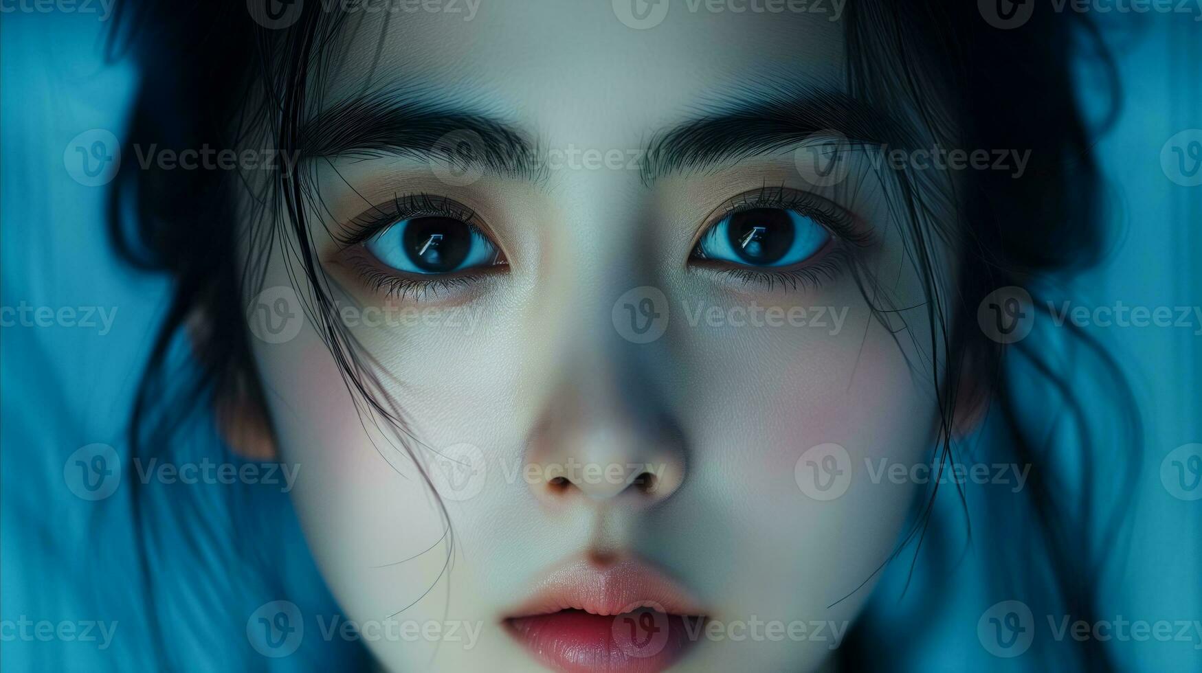 AI generated Close-up portrait of a young woman with striking blue eyes in moody lighting photo