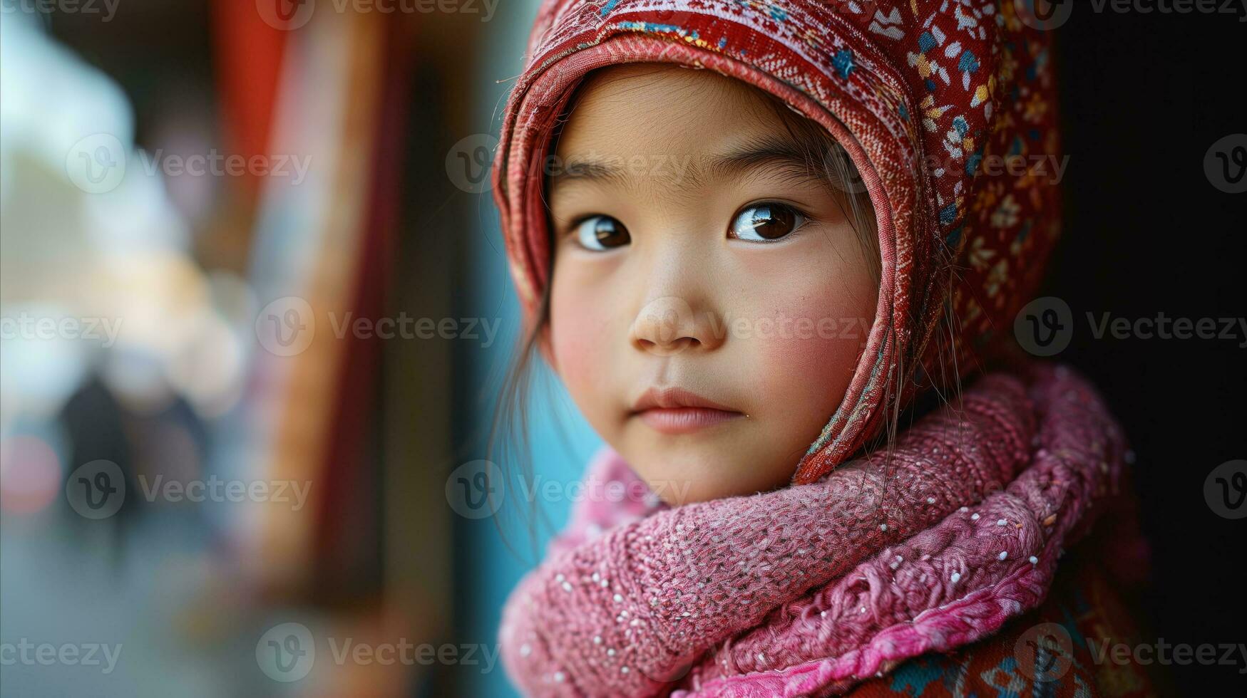 AI generated Beautiful young Asian child with colorful hat and scarf. Generative AI photo
