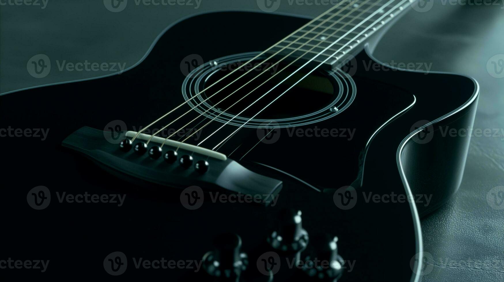 ai generado un negro acústico guitarra sentado en el mesa. generativo ai foto