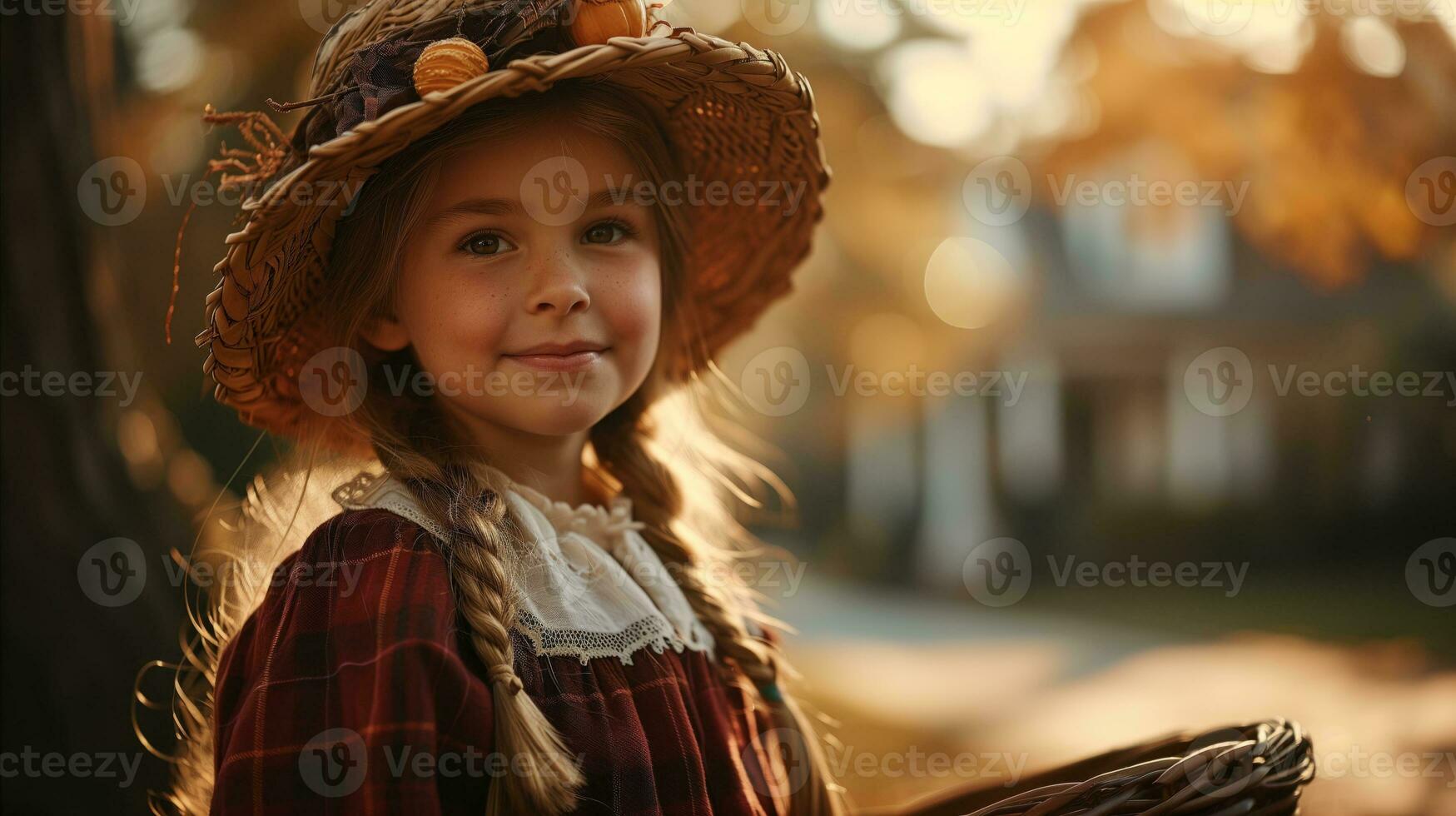AI generated Smiling young girl in a straw hat enjoying autumn sunset outdoors photo