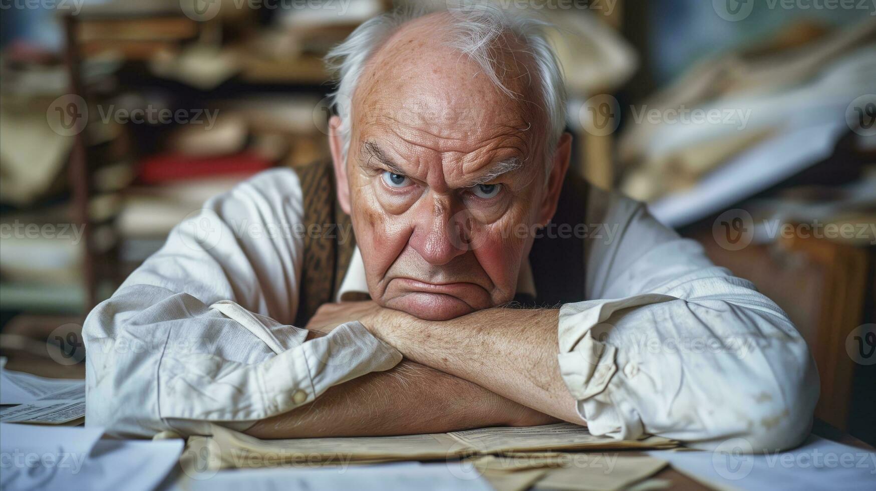 AI generated A thoughtful old man sitting at a table piled high with paperwork. Generative AI photo