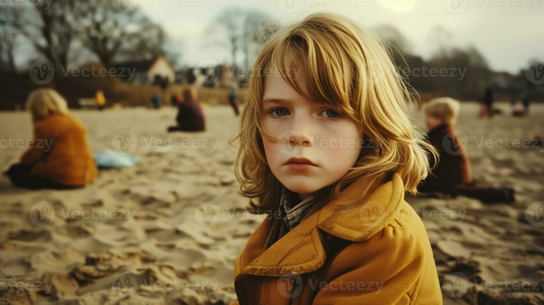 AI generated A young boy in a brown coat standing on the sand. Generative AI photo