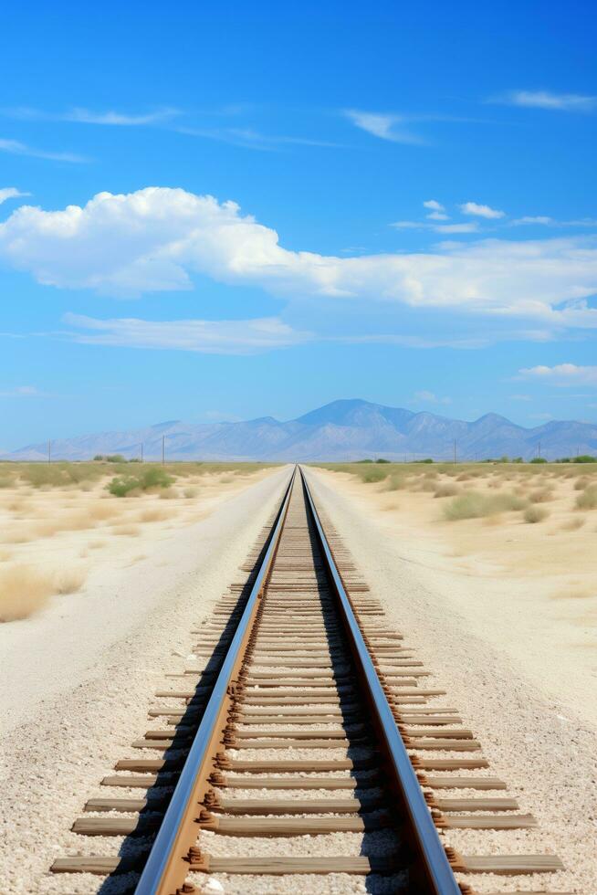 AI generated A train track stretching across a barren desert landscape, disappearing into the vastness of the arid terrain. Generative AI photo