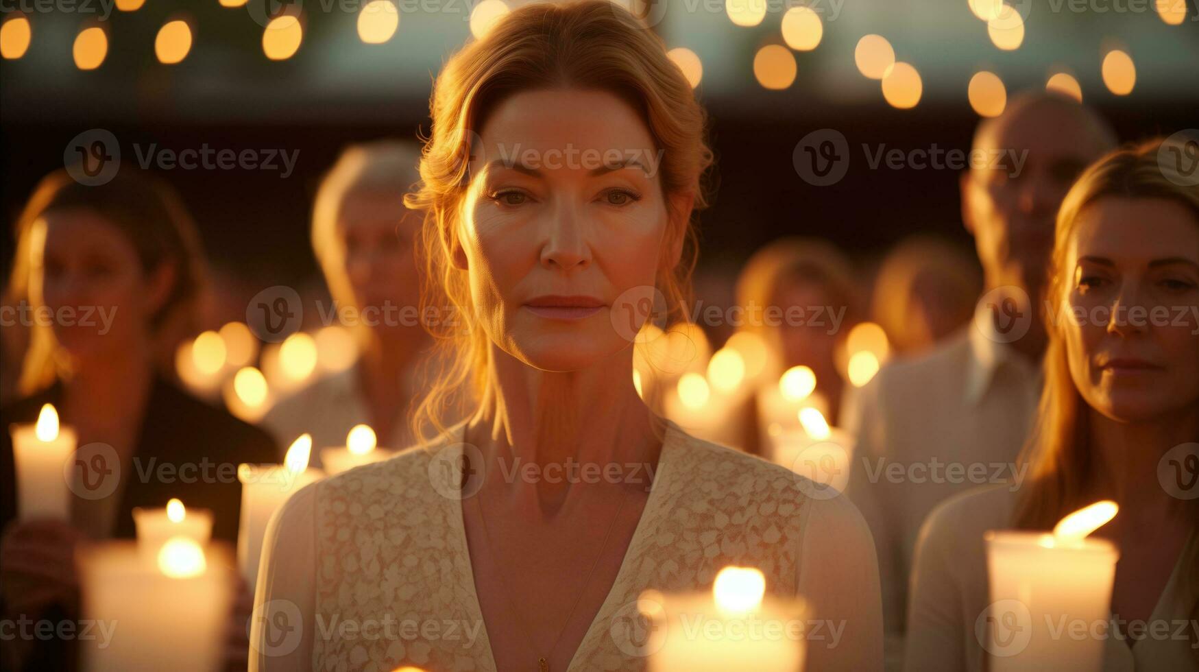 ai generado un mujer líder un grupo de personas participación velas durante un ceremonia. generativo ai foto