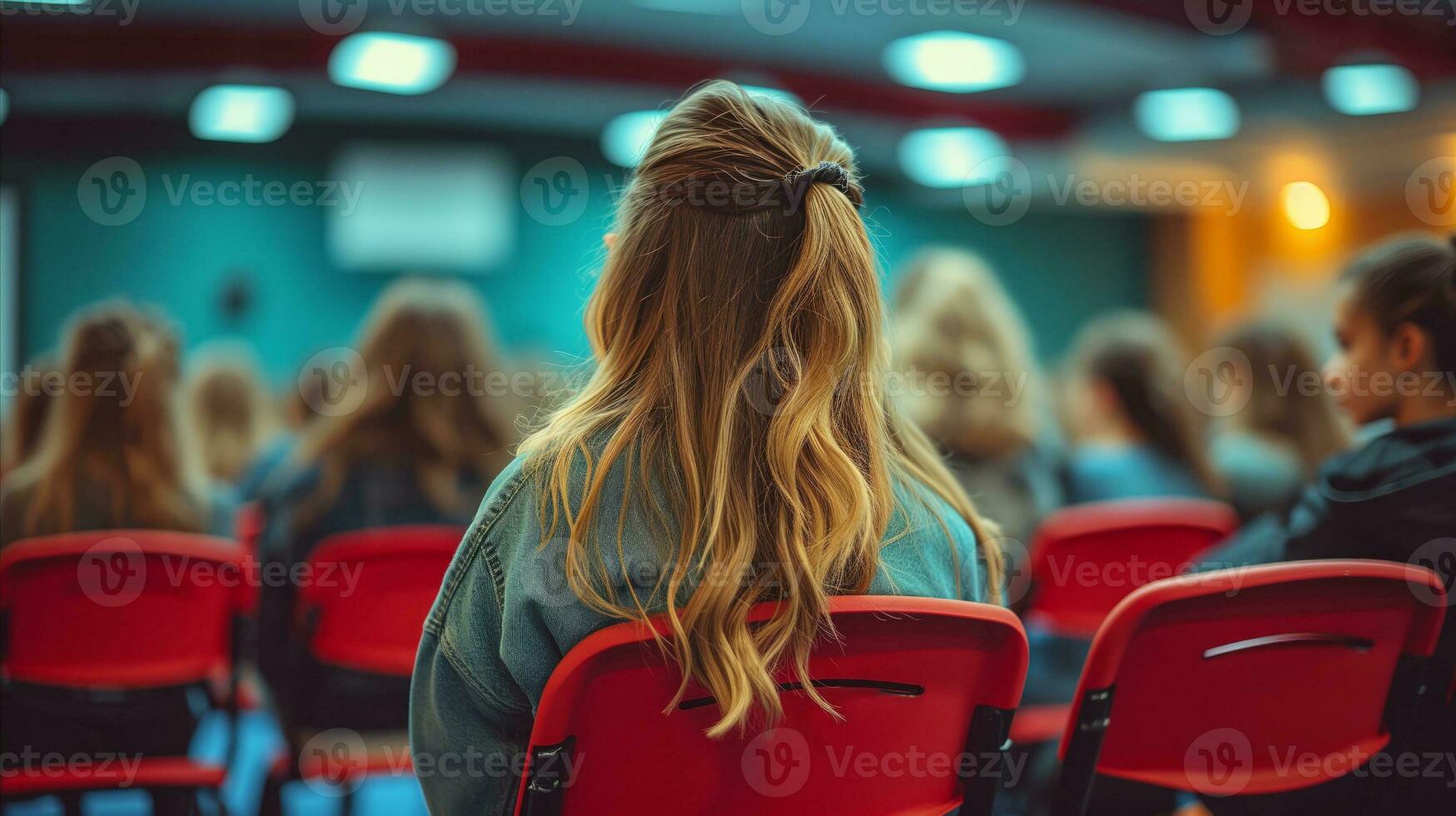 ai generado mujer asistiendo seminario, audiencia en enfocar, educativo evento foto