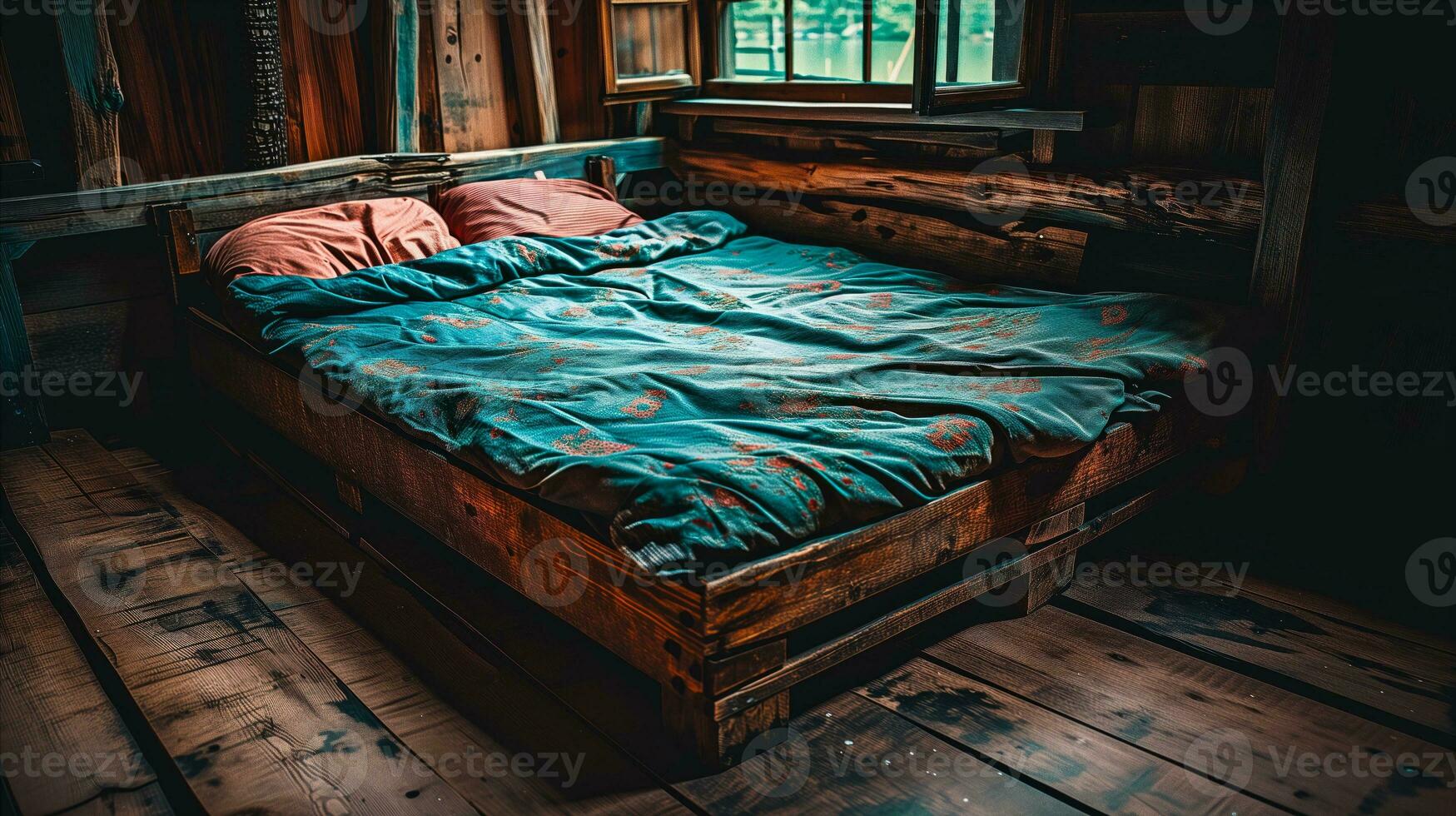 AI generated A bed with a white duvet and pillows, surrounded by a wooden frame. Generative AI photo