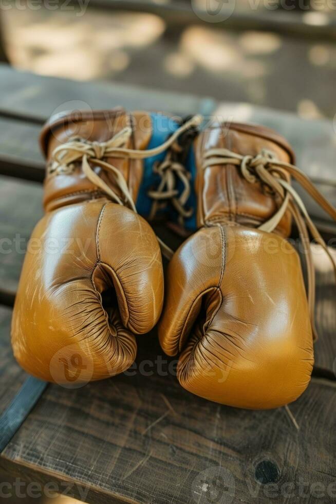 AI generated Two vintage boxing gloves resting on a weathered wooden bench, evoking a sense of nostalgia and the sport's rich history. Generative AI photo