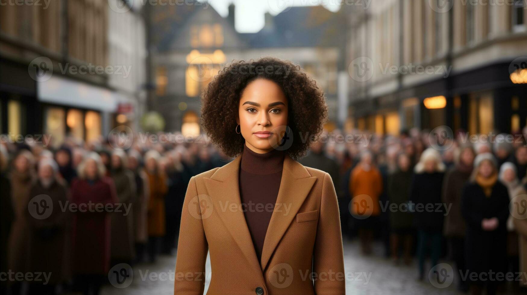 AI generated A woman in a brown suit confidently stands before a crowd, exuding professionalism and commanding attention. Generative AI photo