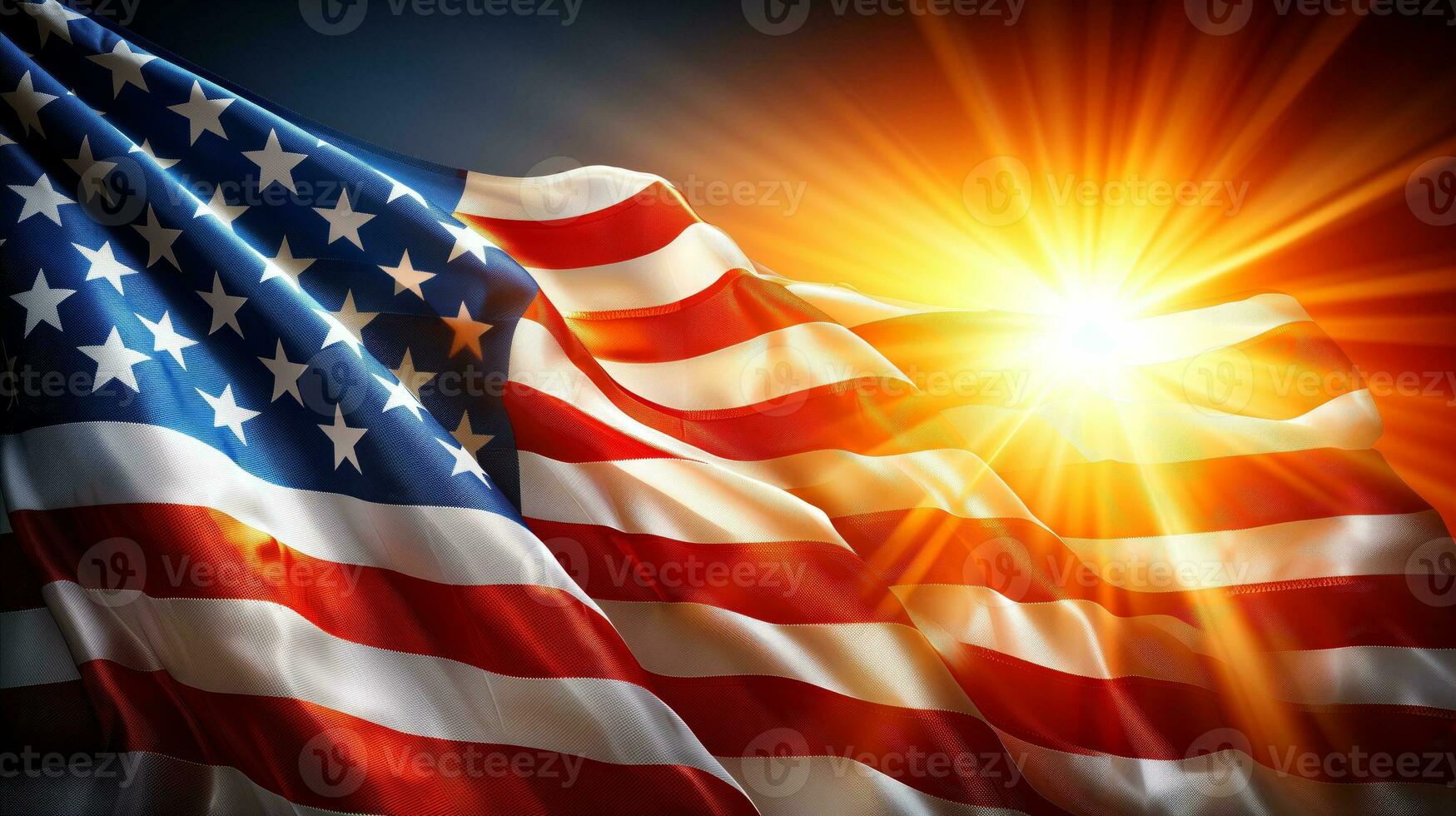 AI generated USA flag standing on black background with sun shining on it. Generative AI photo
