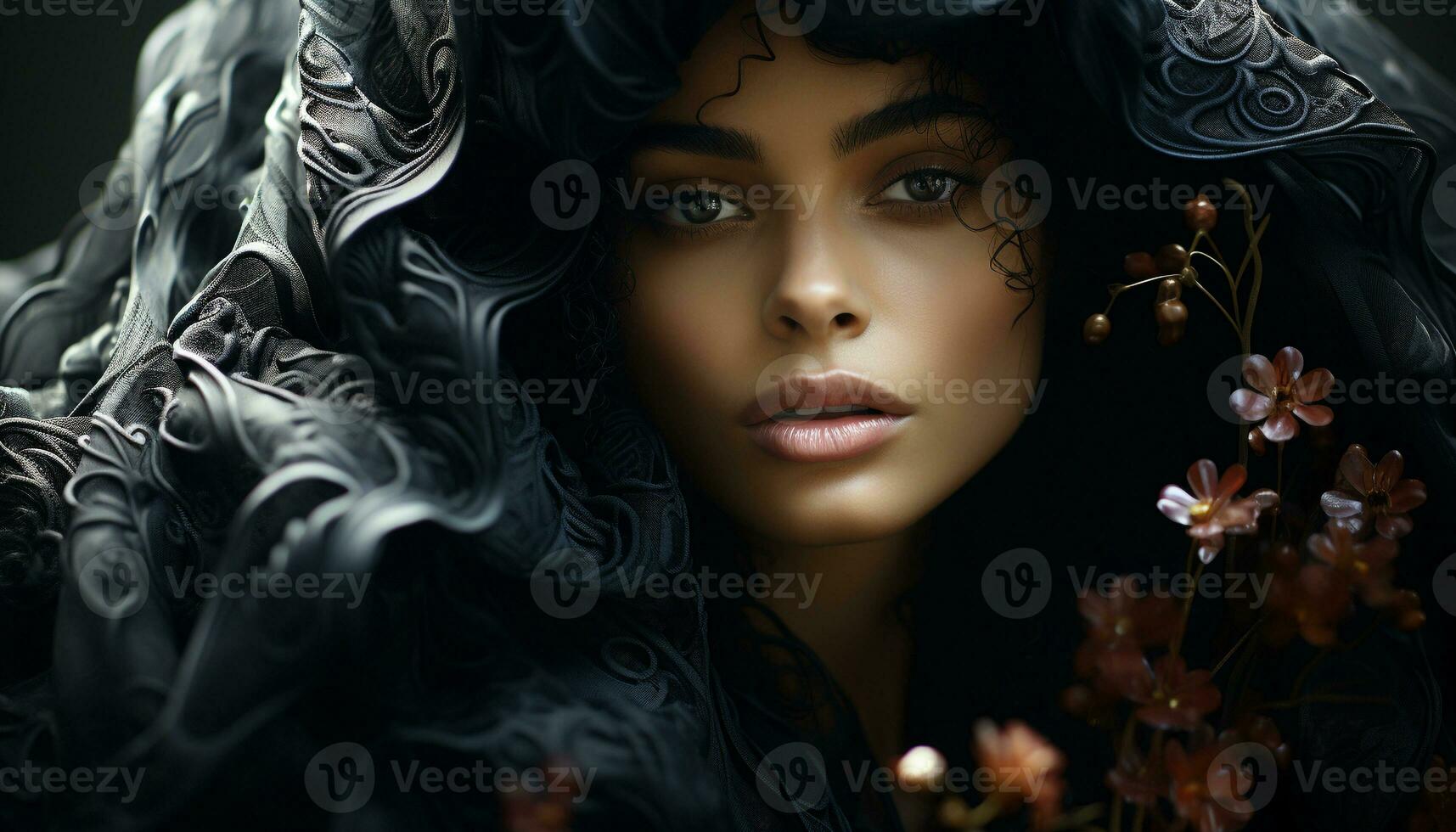 AI generated Beautiful woman with curly hair looking at camera sensually generated by AI photo