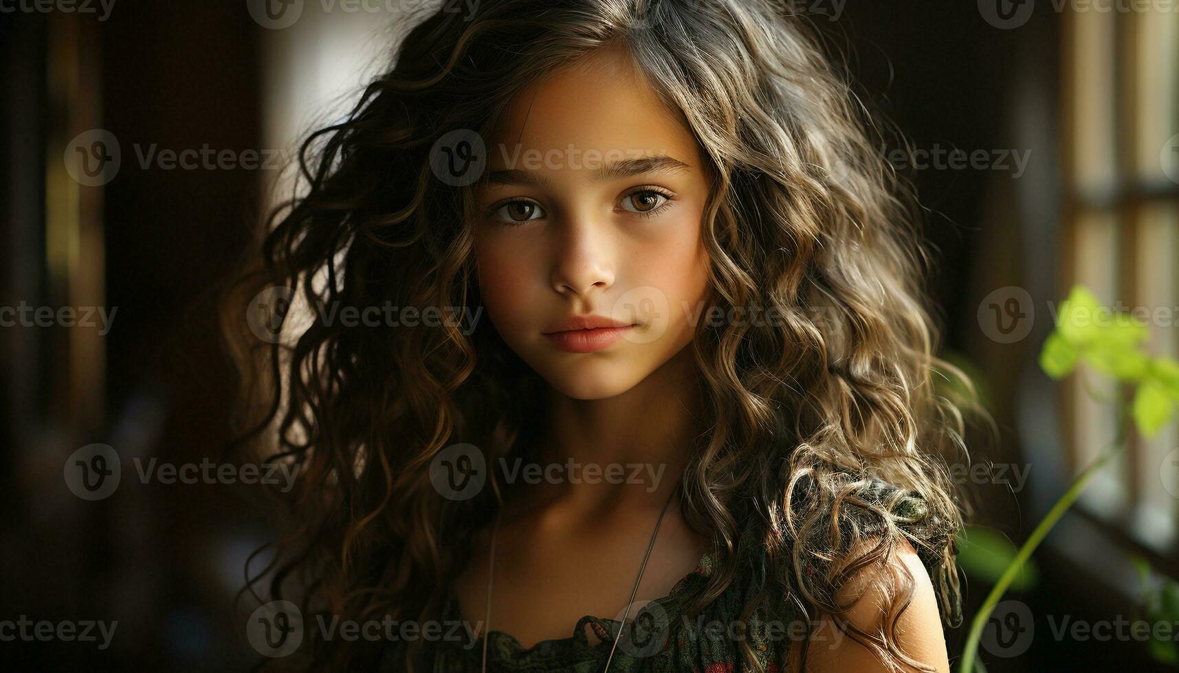 AI generated Beautiful young woman with curly brown hair, smiling confidently at camera generated by AI photo