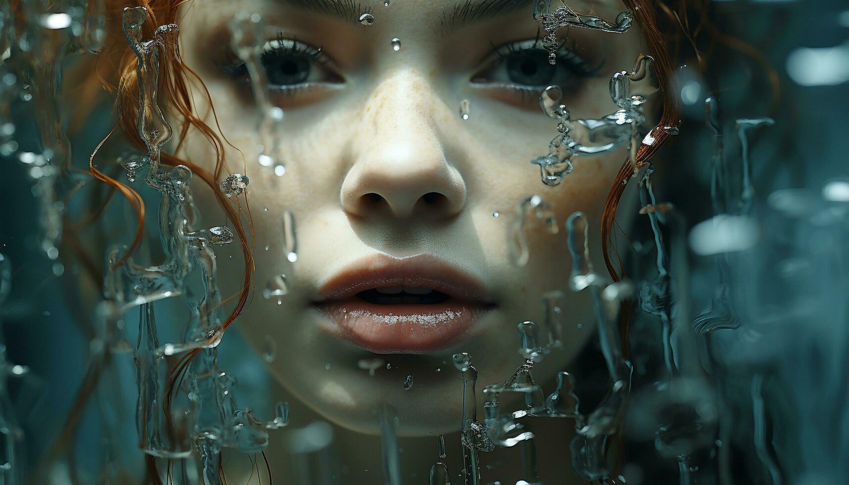 AI generated Young woman blowing bubbles, smiling, wet hair, looking at camera generated by AI photo