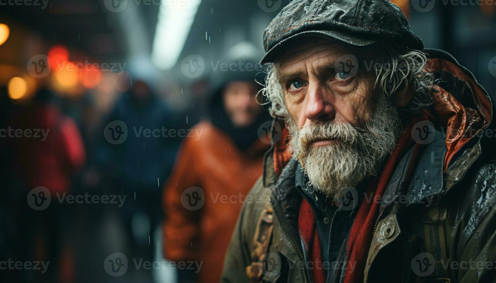 AI generated A confident man, walking in winter, smiling at camera generated by AI photo