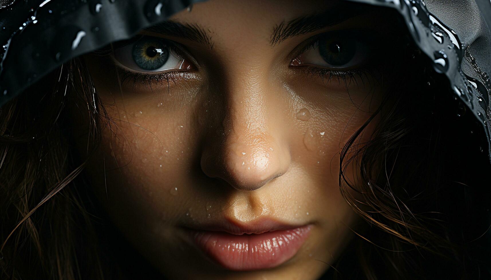 AI generated Young woman with wet hair and a raindrop on her face generated by AI photo