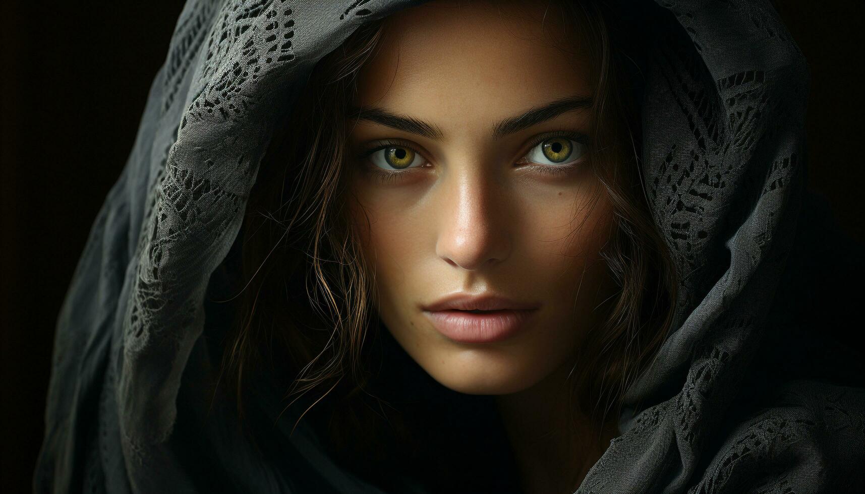AI generated One beautiful woman, young and elegant, looking at camera generated by AI photo