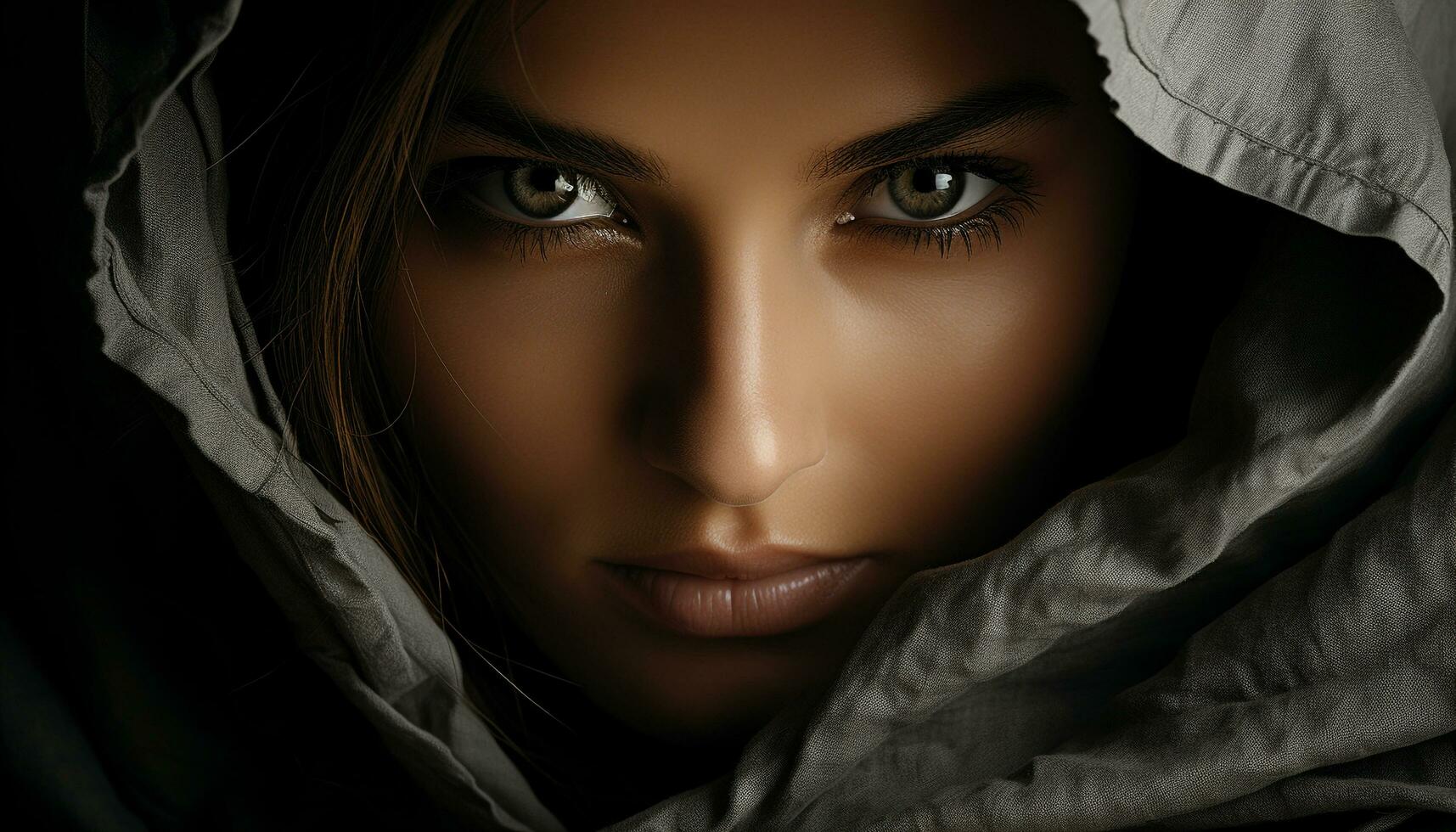 AI generated Beautiful woman with brown hair looking at camera with confidence generated by AI photo