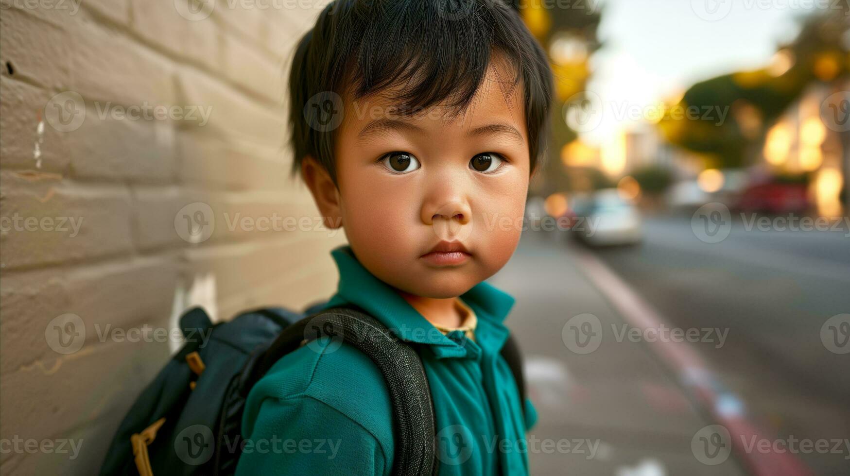AI generated A little boy with a backpack is waiting on the street, leaning against the wall. Generative AI photo