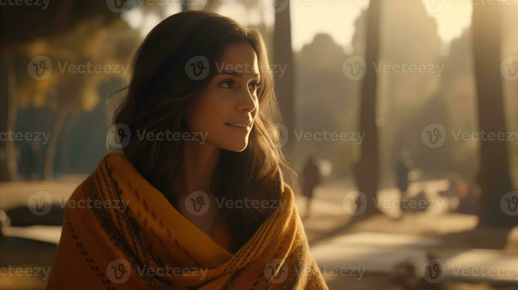 AI generated A woman wearing a yellow scarf stands in the sunlight, radiating warmth and brightness. Generative AI photo