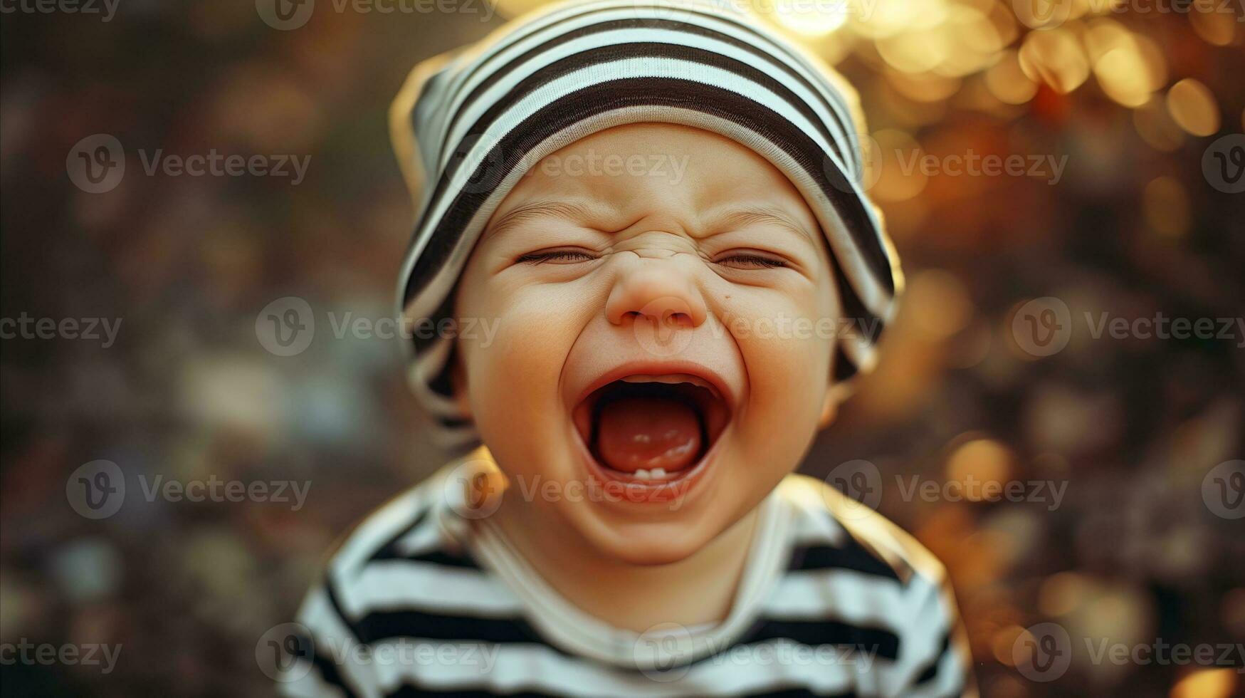 AI generated A baby wearing a striped hat is screaming. Generative AI photo