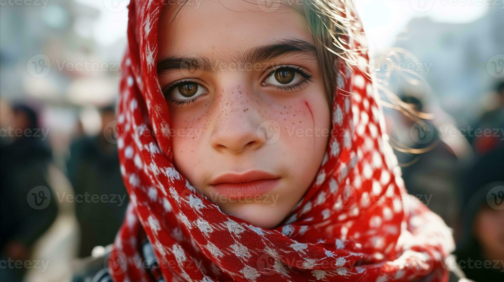 ai generado un joven niña vistiendo un rojo bufanda en su cabeza. generativo ai foto