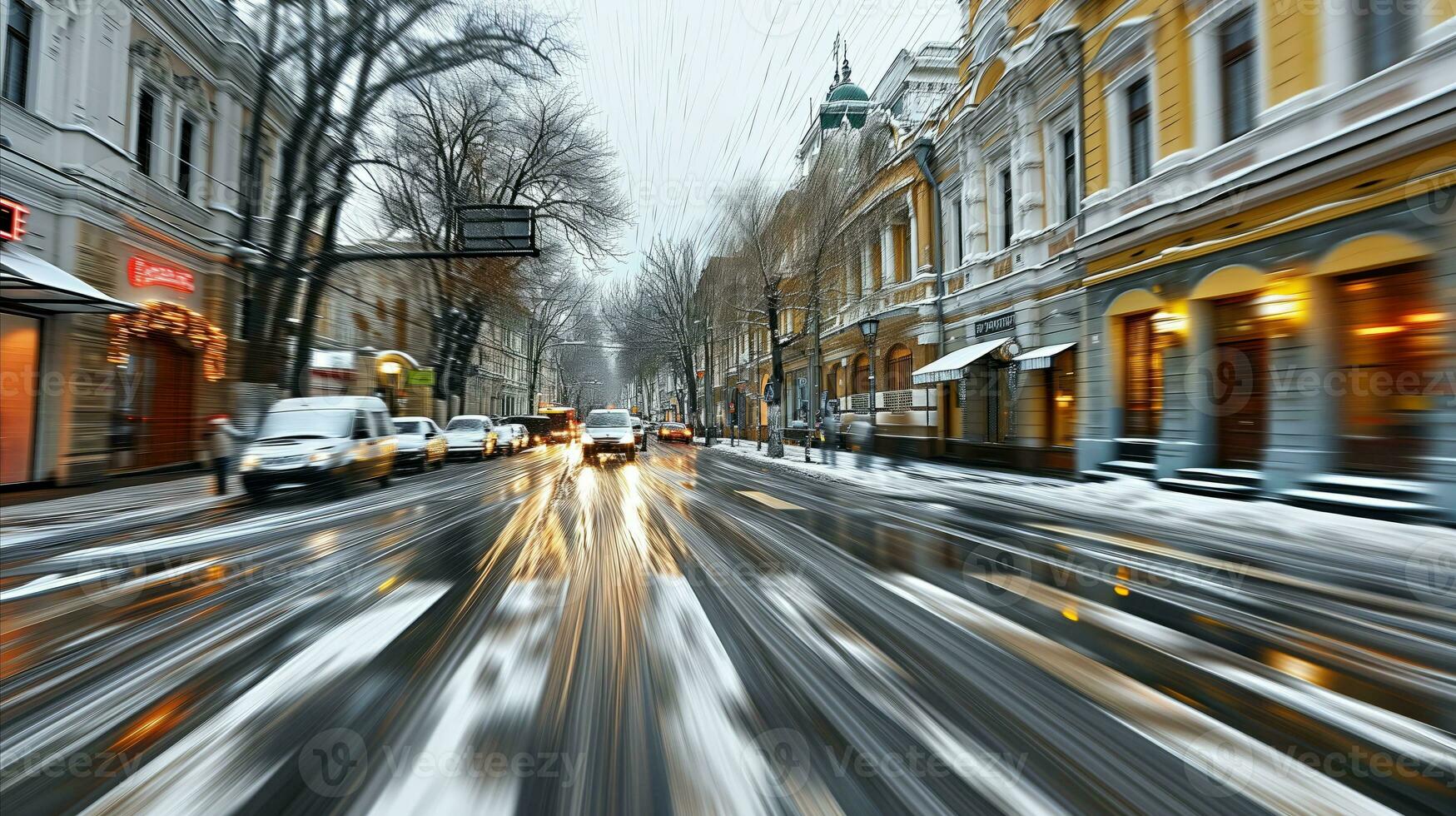 AI generated Animated shot of a lively snowy street. Generative AI photo