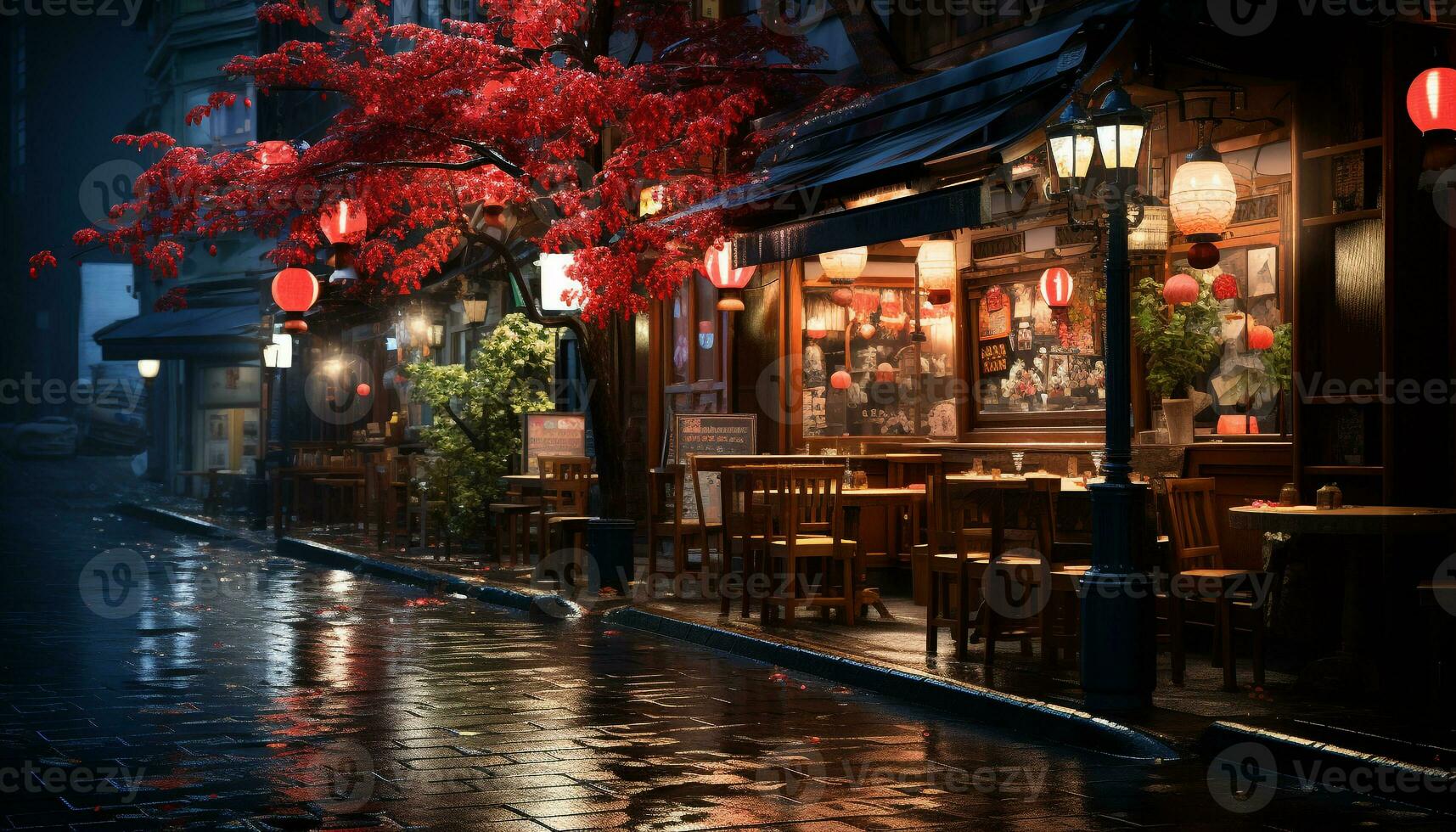 AI generated Nightlife in a famous city, illuminated lanterns reflect on wet streets generated by AI photo