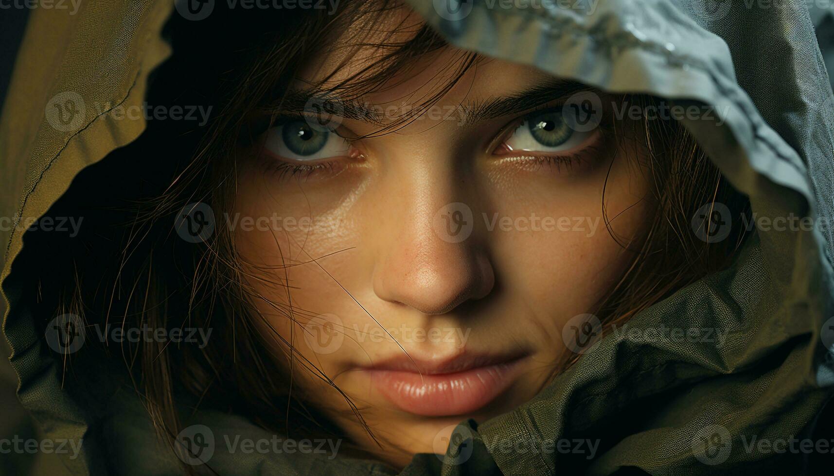 AI generated Young woman in hooded shirt, looking sad in winter nature generated by AI photo