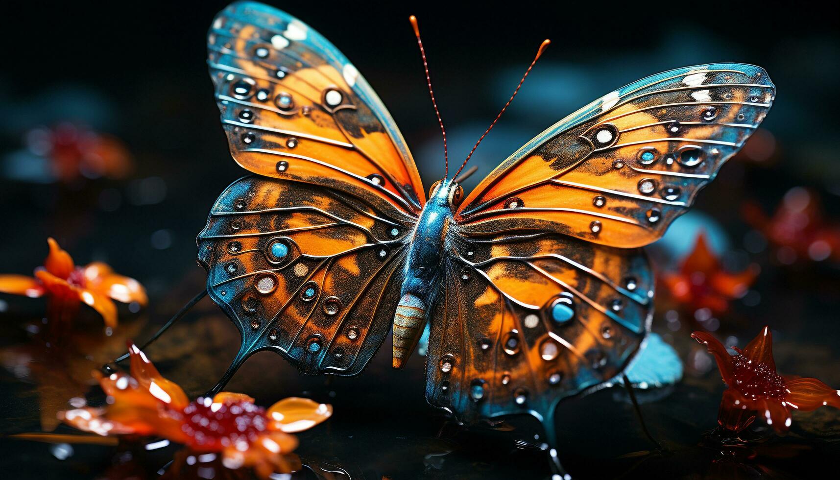 AI generated Vibrant butterfly wing showcases nature beauty in multi colored patterns generated by AI photo