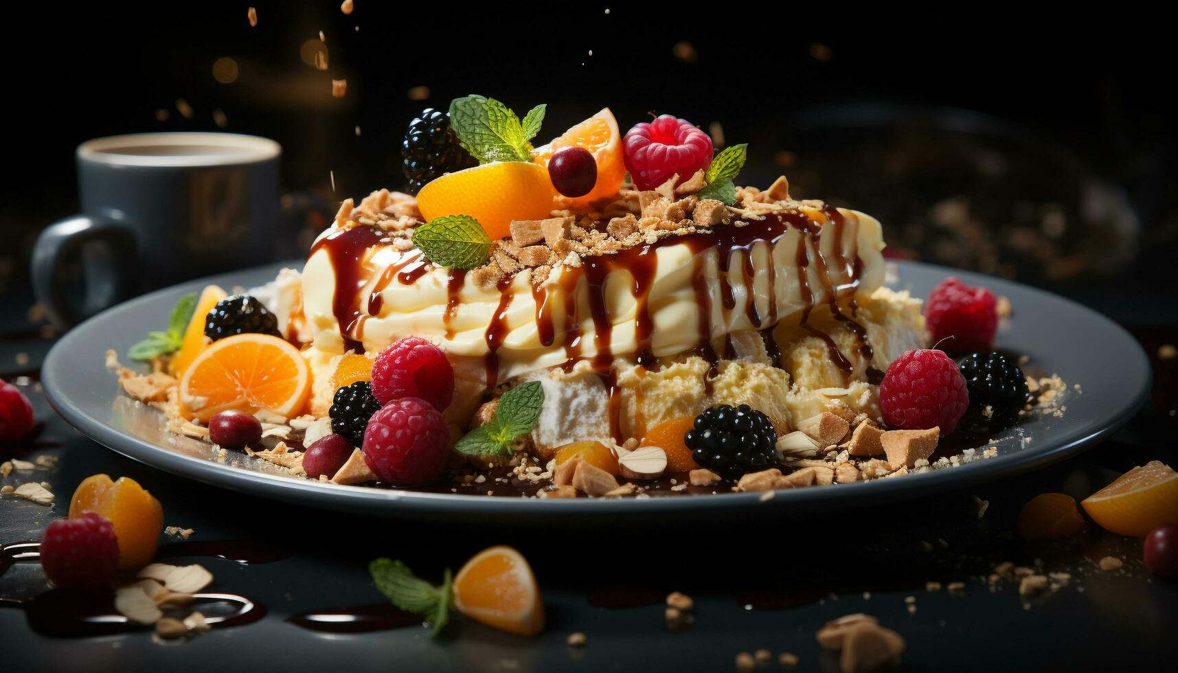 AI generated Freshly baked berry pancakes with chocolate sauce and whipped cream generated by AI photo