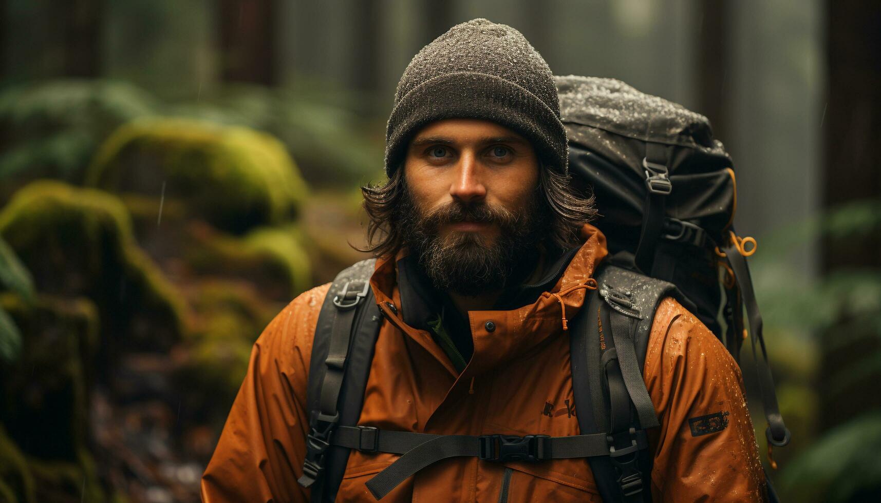 AI generated One man hiking in the forest with a backpack generated by AI photo
