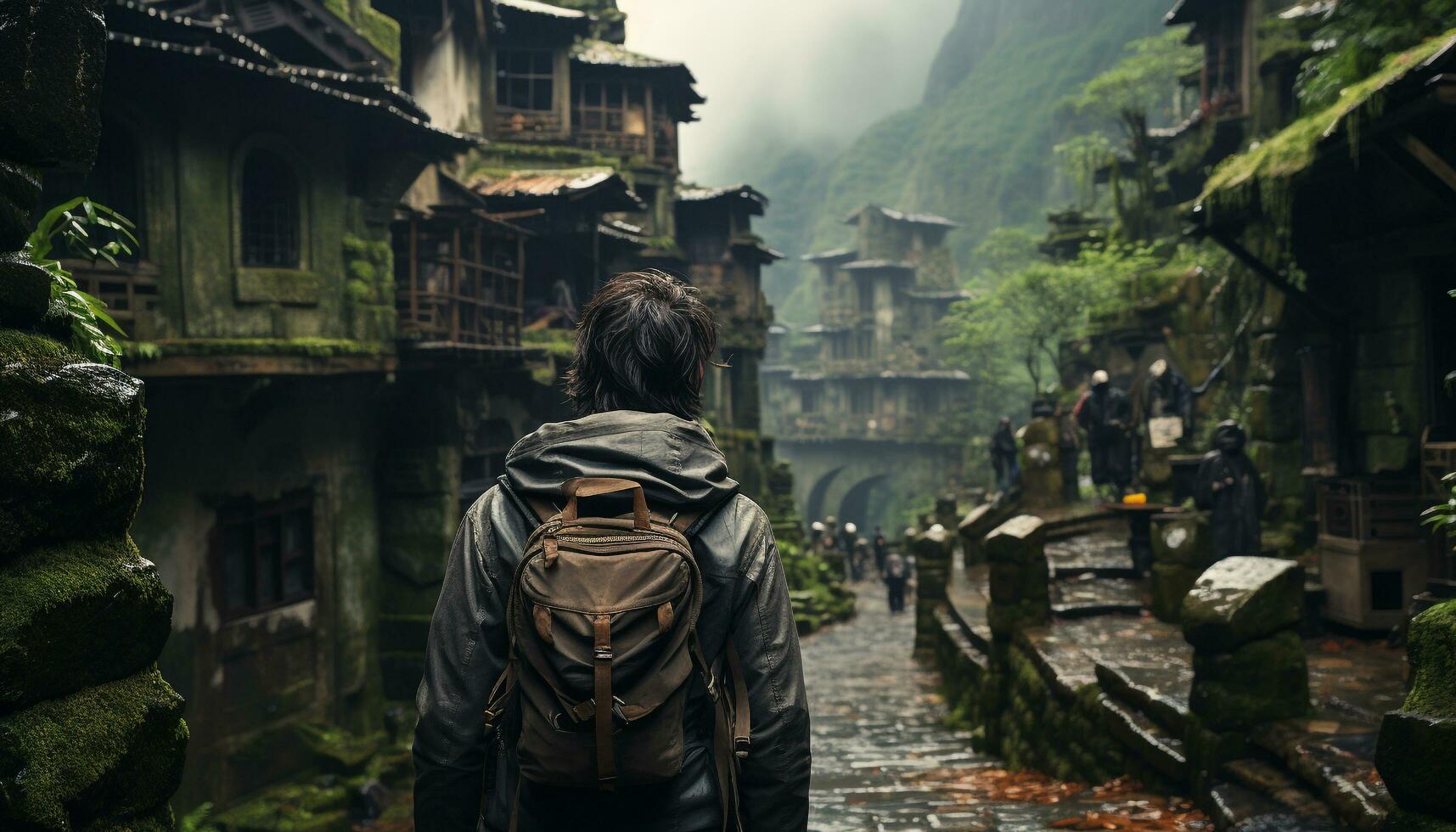 AI generated Young adult backpacker hiking through foggy mountain landscape generated by AI photo