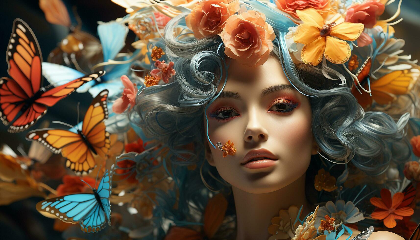 AI generated A beautiful woman with a flower, surrounded by nature colors generated by AI photo