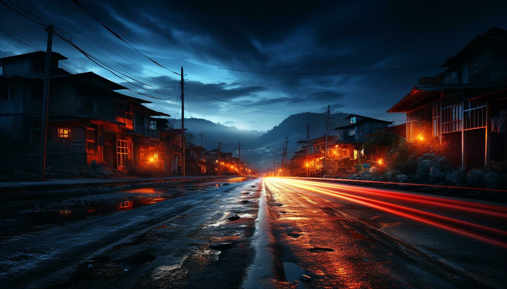 AI generated Spooky city skyline reflects on wet abandoned building at night generated by AI photo
