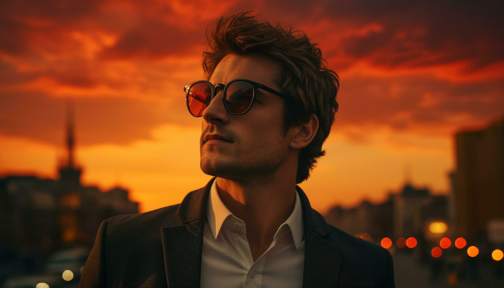 ai generado joven empresario en traje y Gafas de sol, en pie en paisaje urbano a oscuridad generado por ai foto