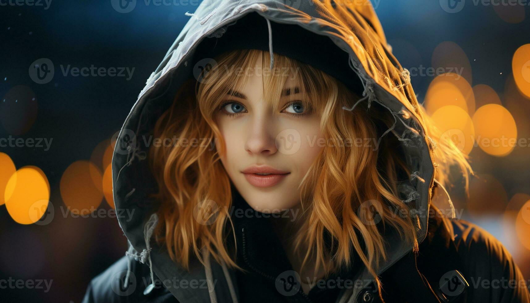 AI generated One young woman smiling, looking at camera in rain generated by AI photo