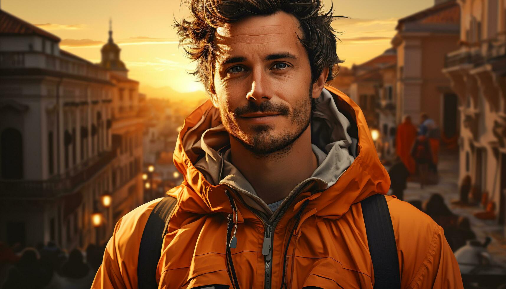 ai generado sonriente turista en pie en ciudad, disfrutando invierno puesta de sol aventuras generado por ai foto